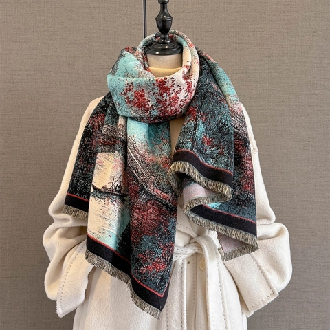 Sciarpa Invernale Con Stampa Paesaggio Vintage Scialle Imitazione Cashmere Ispessita Calda Nappina Avvolgente Per Donne Elegante