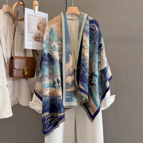 Vintage Landscape Print Imitation Cashmere Scarf Thickened Warm Winter Shawl With Tassels Desert Camel For Women