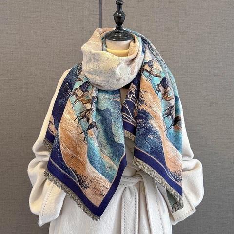 Vintage Landscape Print Imitation Cashmere Scarf Thickened Warm Winter Shawl With Tassels Desert Camel For Women