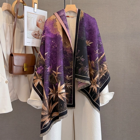 Vintage Bamboo Leaf Jacquard Shawl Scarf Imitation Cashmere Thick Warm Fringe Elegant Oriental Wrap For Women