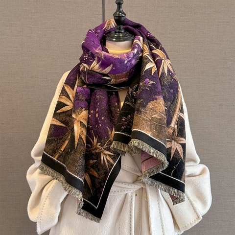 Vintage Bamboo Leaf Jacquard Shawl Scarf Imitation Cashmere Thick Warm Fringe Elegant Oriental Wrap For Women
