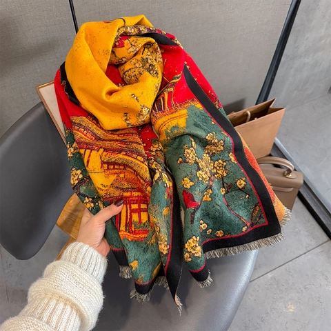 Winter Scarf Shawl Imitation Cashmere Thickened Warm Retro Neo-Chinese Landscape Jacquard Tassels For Women