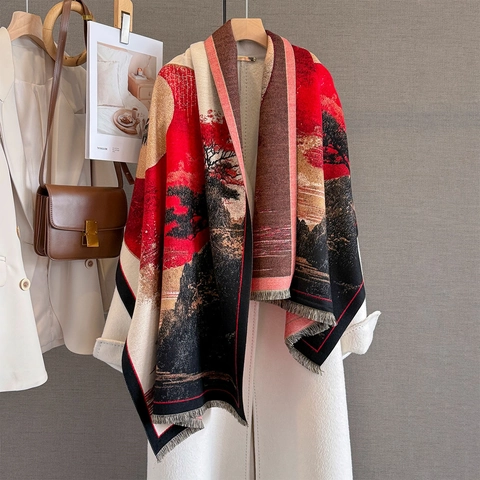 Sciarpa Scialle Donna Imitazione Cashmere Inverno Caldo Spessa Jacquard Stampa Paesaggio Pittura Ad Olio Nappina Elegante
