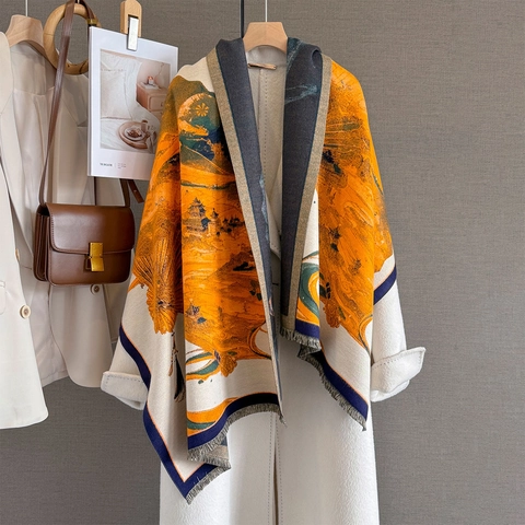Winter Scarf Shawl Imitation Cashmere Thickened Warm Jacquard Chinese Landscape Folding Fan Pattern Retro Elegant Tassels