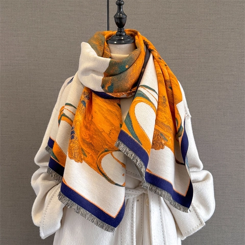 Winter Scarf Shawl Imitation Cashmere Thickened Warm Jacquard Chinese Landscape Folding Fan Pattern Retro Elegant Tassels
