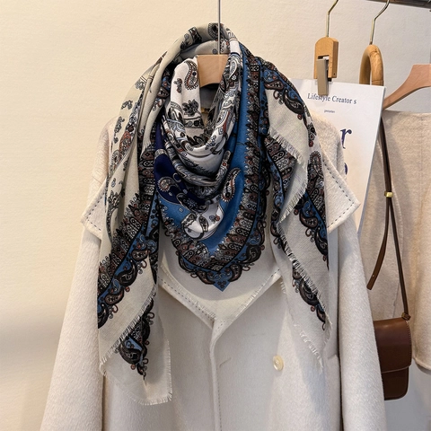 Paisley Bedrucktes Großes Quadratisches Halstuch Schal Polyester Quasten Vintage Böhmisch Winddicht Elegant Für Damen