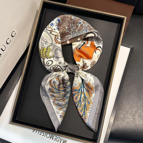 Square Scarf Satin Feeling Polyester Neck Kerchief For Women Vintage Mythical Animal Floral Print Elegant Shawl Headband