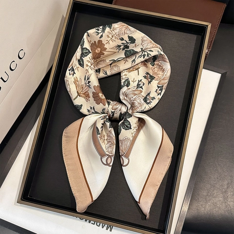 Women Vintage Floral Print Square Scarf Satin Feeling Polyester Satin Neck Head Wrap Elegant French Style Office Accessory