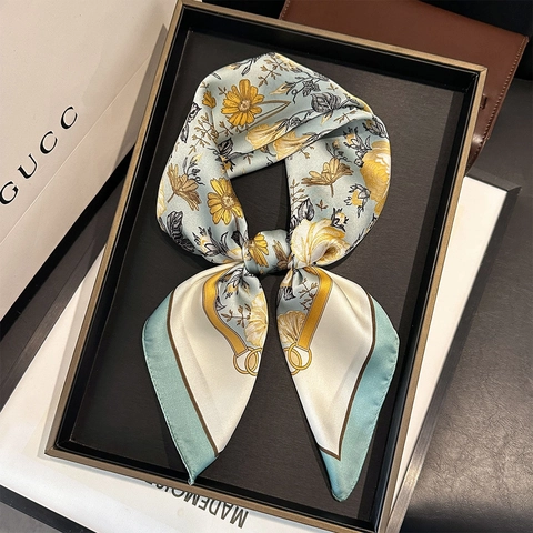 Women Vintage Floral Print Square Scarf Satin Feeling Polyester Satin Neck Head Wrap Elegant French Style Office Accessory