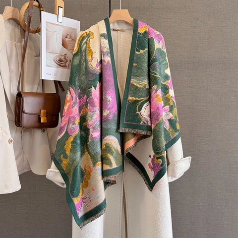 Vintage Imitation Cashmere Jacquard Scarf Shawl For Women Elegant Lotus Landscape Floral Patterns Winter Warm Wrap Tassels Travel Decorative Scarf