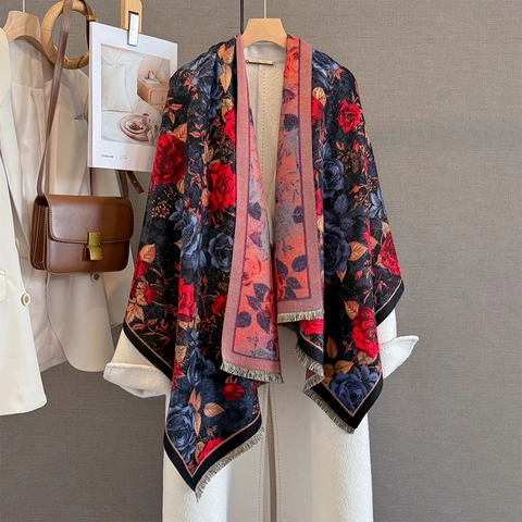Retro Rose Jacquard Winter Scarf Shawl Thickened Warm Imitation Cashmere Flower Print Tassels Elegant Vintage Accessory