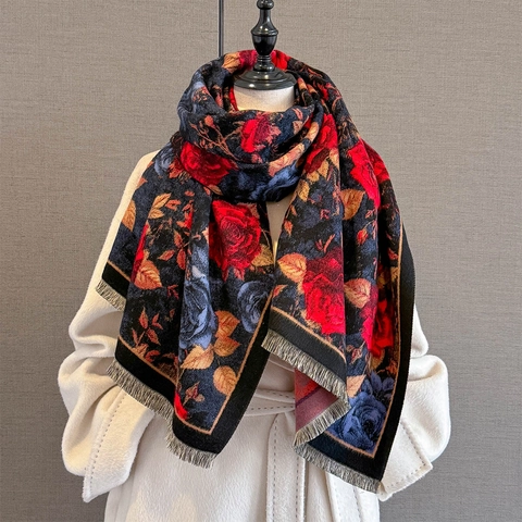 Retro Rose Jacquard Winter Scarf Shawl Thickened Warm Imitation Cashmere Flower Print Tassels Elegant Vintage Accessory