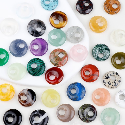 Natural Stone Donut Pendants Round Flat Crystal Agate Quartz Gemstone DIY Jewelry Making Craft Accessories