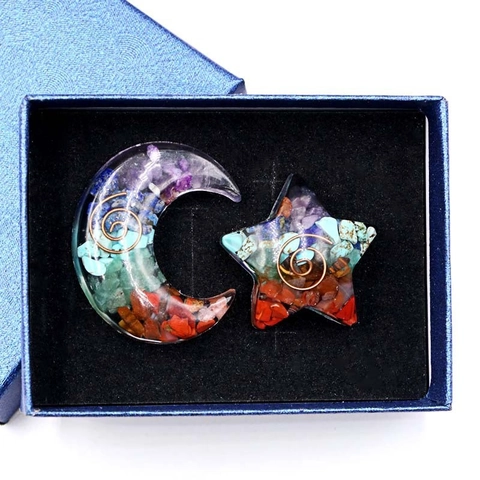 Natural Crystal Orgonite Resin Star Moon Energy Stones Set Multicolor Healing Chakra Meditation Home Decor Ornaments