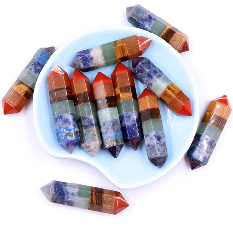 Pilastro di Cristallo a Giunzione Naturale dei Sette Chakra Esagonale a Doppia Punta Pietra Curativa Meditazione Yoga Bacchetta Energetica Decorazione Casa Ufficio