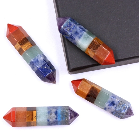 Pilastro di Cristallo a Giunzione Naturale dei Sette Chakra Esagonale a Doppia Punta Pietra Curativa Meditazione Yoga Bacchetta Energetica Decorazione Casa Ufficio
