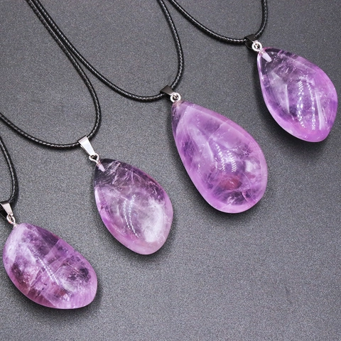 Natural Amethyst Anhänger Halskette Tropfen Heilkristall Stein Schwarz Wachskordel Boho Schmuck Damen Herren
