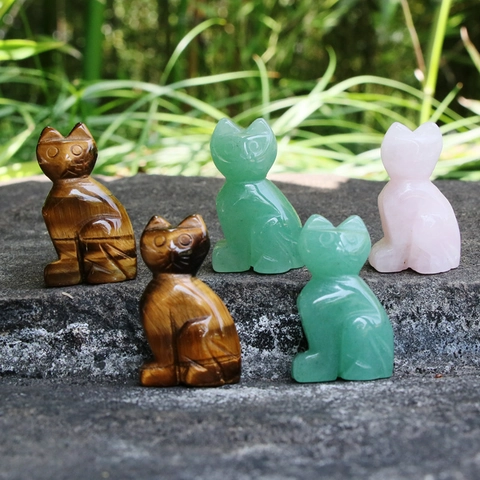 Natural Stone Cat Figurine Carved Crystal Animal Ornament Healing Gemstone Statue Home Office Decor Healing Gift