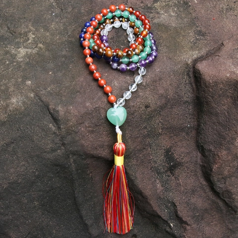Natural Stone Chakra Mala Beads Necklace Heart Pendant Multicolored Tassel Meditation Yoga Healing Crystal Jewelry