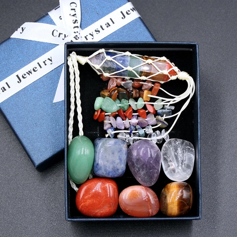 Chakra Natural Healing Crystals Hexagonal Column Woven Pendant Tumbled Stones Yoga Meditation Decor