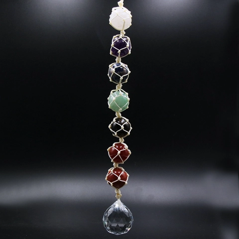 7 Chakra Healing Stones Wall Hanging Ornament Braided Natural Crystals With Crystal Ball For Home Office Car Meditation