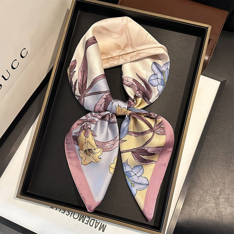 Elegante Foulard Quadrato In Poliestere Effetto Raso Stampa Floreale Farfalla Retro Versatile Per Donna