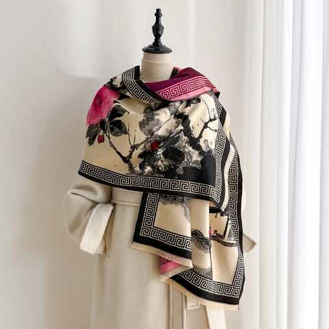 Winter Scarf Shawl Imitation Cashmere Chinese Ink Landscape Plum Blossom Print Retro Elegant Double Sided Thick Warm Wrap
