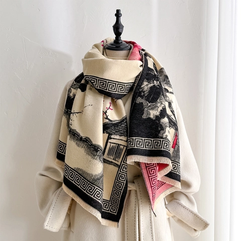 Winter Scarf Shawl Imitation Cashmere Chinese Ink Landscape Plum Blossom Print Retro Elegant Double Sided Thick Warm Wrap