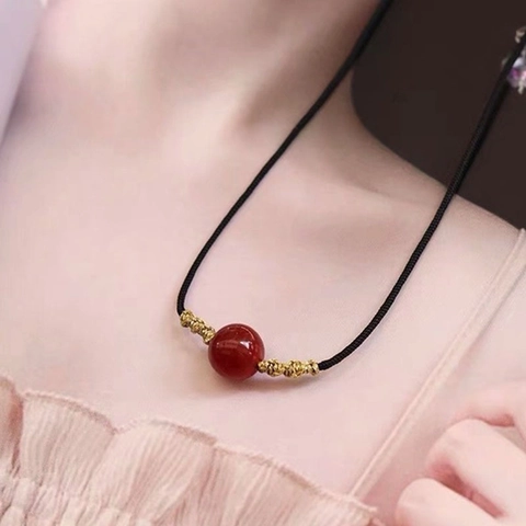 Natural Red Agate Love Bean Pendant Necklace For Women Hand Woven Black Rope Chain Gold Tone Couple Fashion Jewelry Accessory