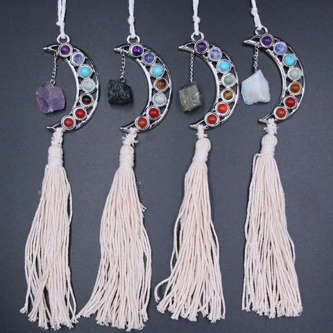 Decorazione Da Appendere A Forma Di Luna Con Cristalli Naturali E Pietre Chakra Nappe In Cotone Arredo Boho