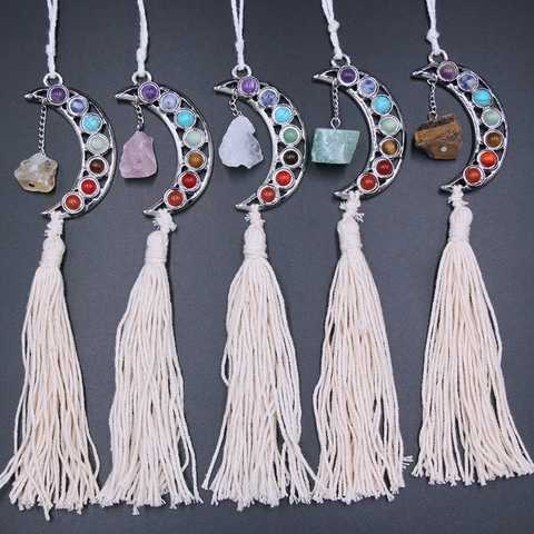 Decorazione Da Appendere A Forma Di Luna Con Cristalli Naturali E Pietre Chakra Nappe In Cotone Arredo Boho