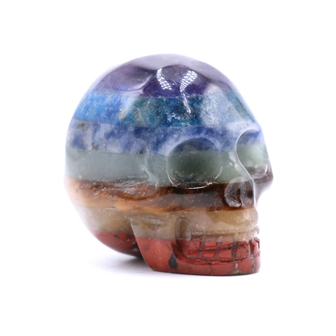 Natural Stone Skull Figurine Spliced Amethyst Quartz Crystal Hand Carved Rainbow Chakra Layered Halloween Home Decor
