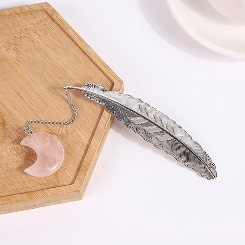 Vintage Silver Alloy Feather Bookmark With Natural Stone Moon Pendant Elegant Reading Accessories Creative Gift For Office School Unisex