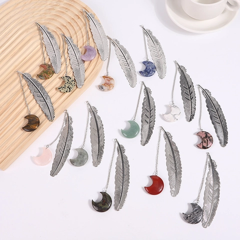 Vintage Silver Alloy Feather Bookmark With Natural Stone Moon Pendant Elegant Reading Accessories Creative Gift For Office School Unisex
