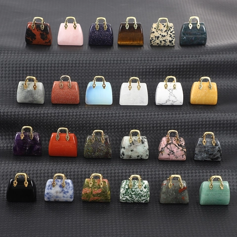 Natural Gemstone Crystal Mini Handbag Pendants With Gold Alloy Handle DIY Jewelry Making Accessory Pendant Only No Chain