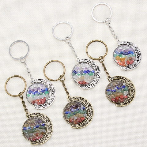 Llavero de Luna de Piedra de Cristal Natural de Siete Chakra Boho Aleación Retro Sol Luna Llavero Giratorio para Yoga