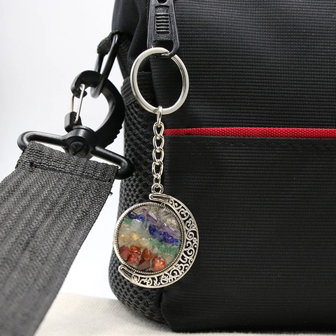 Llavero de Luna de Piedra de Cristal Natural de Siete Chakra Boho Aleación Retro Sol Luna Llavero Giratorio para Yoga