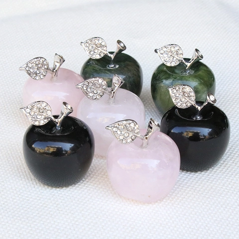 Adorno de Manzana de Piedra Natural Estatua de Cristal Pulido Con Hoja de Metal Incrustada de Diamantes de Imitación Regalo de Navidad Decoración del Hogar
