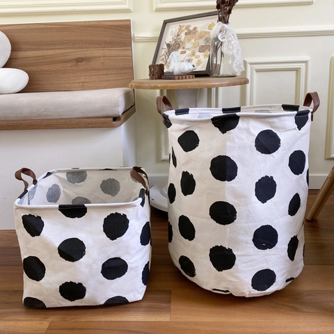 Polka Dot Canvas Laundry Basket With Leather Handles Foldable Storage Bin Organizer For Home Organization