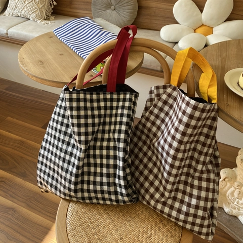 Damen Große Kapazität Leinwand Tragetasche Minimalistisch Gingham Kariert Gestreift Umhängetasche Retro Lässig Einkaufstasche