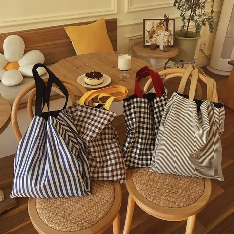 Damen Große Kapazität Leinwand Tragetasche Minimalistisch Gingham Kariert Gestreift Umhängetasche Retro Lässig Einkaufstasche