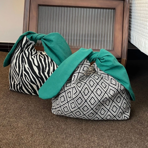 Borsa a Mano in Tela di Poliestere Stile Giapponese Con Motivo Zebra e Manico a Fiocco Verde Per Donna Borsa da Pranzo Bento