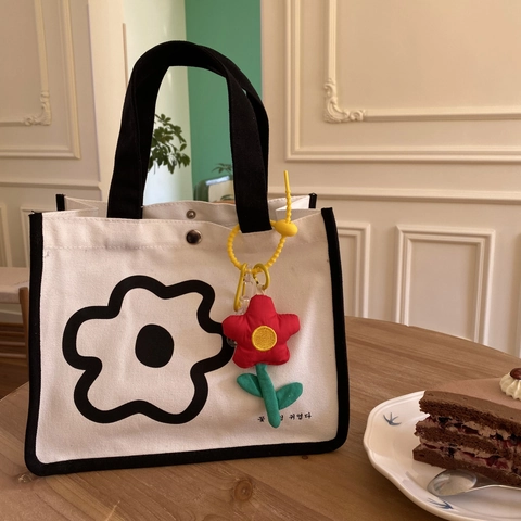 Sac Fourre-tout en Toile pour Femmes Imprimé Floral Sac à Déjeuner Portable Grande Capacité Sac à Provisions Écologique Avec Charme en Peluche