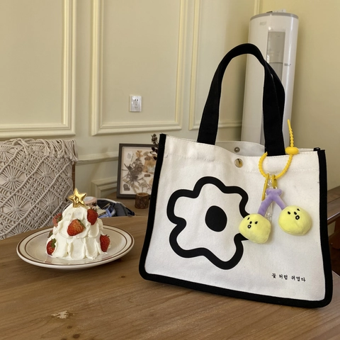 Sac Fourre-tout en Toile pour Femmes Imprimé Floral Sac à Déjeuner Portable Grande Capacité Sac à Provisions Écologique Avec Charme en Peluche