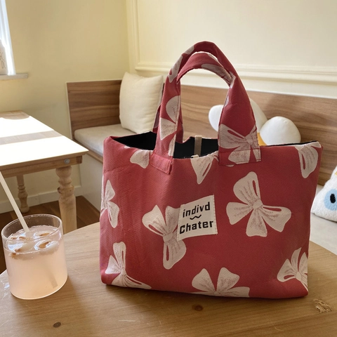 French Style Cute Bowknot Floral Handbag Polyester Drawstring Closure Portable Bento Tote Bag For Women Girls Niche Design
