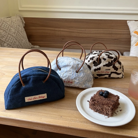 Mini Sac À Main Semi-Circulaire Denim Toile Jacquard Sac Coquille Style Japonais Rétro Petit Sac Portatif À Fermeture Éclair