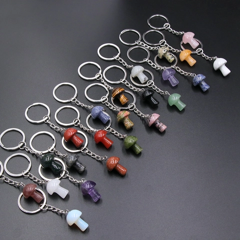 Polished Mushroom Keychain Natural Stone Crystal Amethyst Rose Quartz Tiger Eye Gemstone Pendant For Bag Charm Accessory