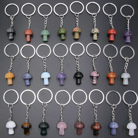 Polished Mushroom Keychain Natural Stone Crystal Amethyst Rose Quartz Tiger Eye Gemstone Pendant For Bag Charm Accessory