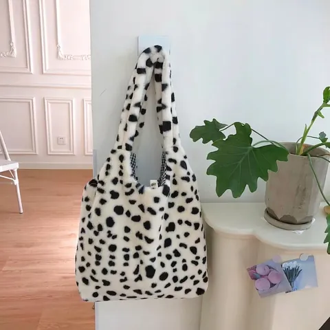Women Large Capacity Plush Animal Print Tote Bag Soft Faux Fur Leopard Zebra Cow Pattern Shoulder Bag For Commute Shopping