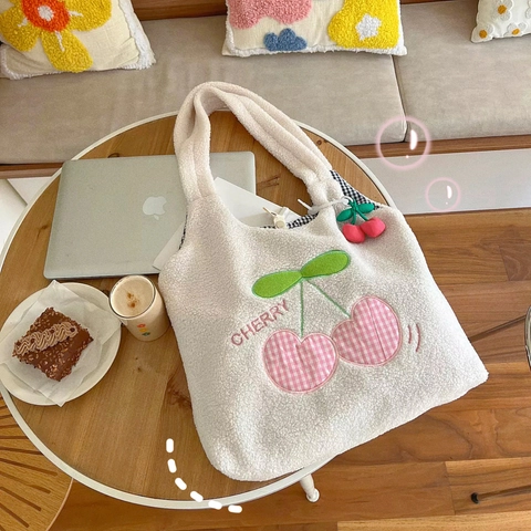Borsa Tote In Peluche Con Ricamo Ciliegia Lana D'agnello Grande Capacità Borsa A Mano Morbida Stile Giapponese Donna